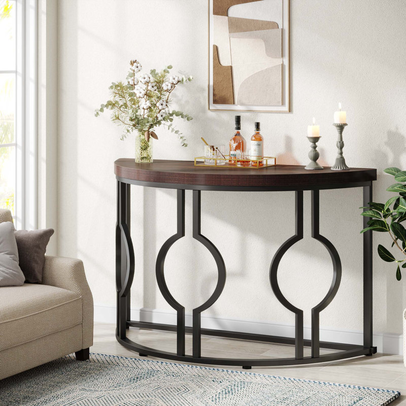 43" Industrial Half Moon Console Table With Geometric Base For Living Room, Hallway, Foyer, Entrance
