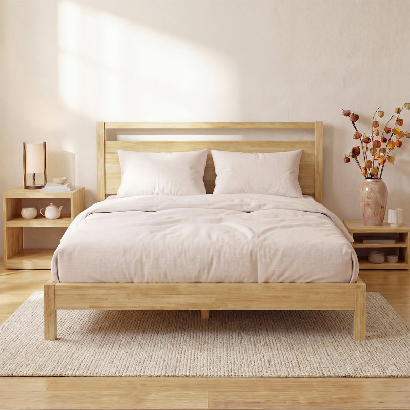 Lit plateforme en bois massif avec tête de lit Signature, simple, finition naturelle, aucun sommier requis, assemblage facile