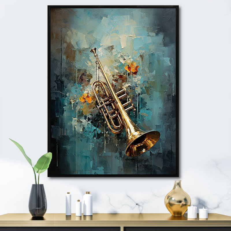 " Trombone Tribute Jazzed Jade I ", 20" H x 12" W x 1" D, Black Floater Framed