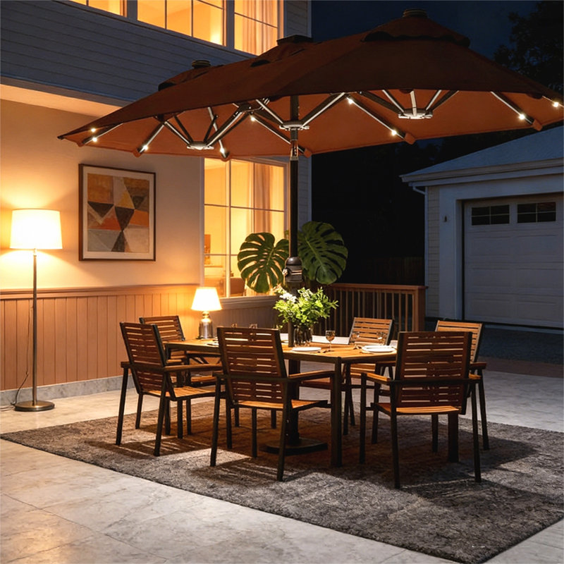 Parasol de patio extérieur avec lumières DEL solaires et base durable, idéal pour les repas et la détente, Coffee