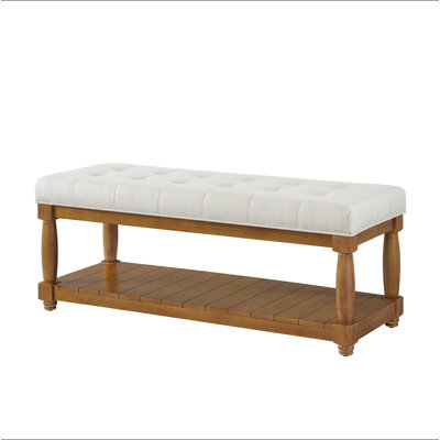 Upholstered Linen Bench with Storage Shelf - Tufted Ottoman Bench for Bedroom Entryway Living Room, Solid Wood Spindle Legs Accent Furniture