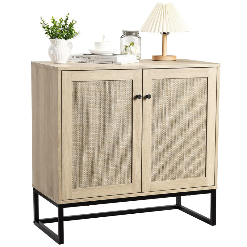 Buffet bohémien en rotin avec 2 portes et tablettes réglables pour le rangement
