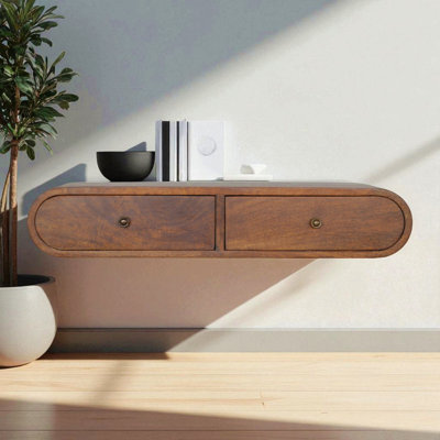 Console flottante en châtaignier London, 2 tiroirs, boutons brillants