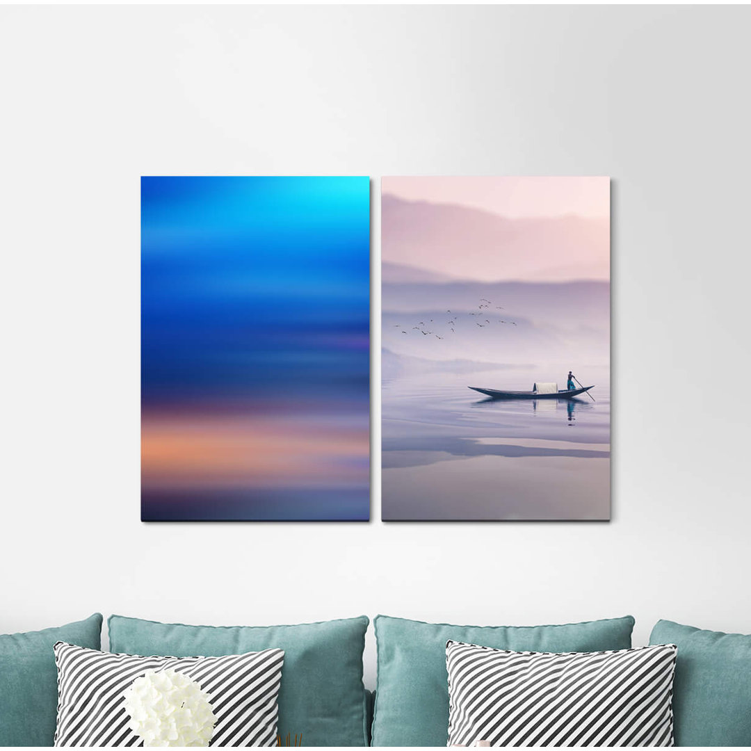 2-tlg. Leinwandbilder-Set - Grafikdruck „Sky Fisherman Lake Birds Peaceful Relaxing Mountains”