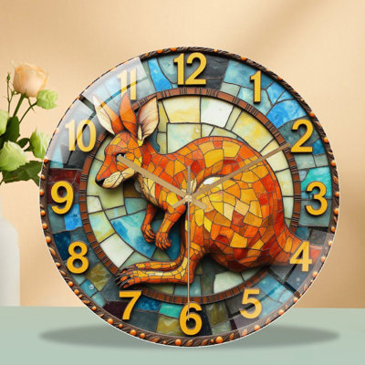 Vintage Stained Glass Kangaroo Wall Clock Decoration Art - 12'' Modern Glass Wall Clock