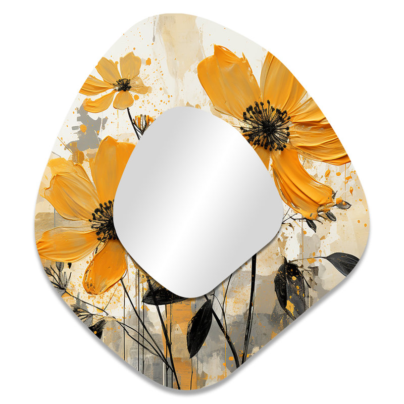 Yellow Marigold Blossom Burst 3 - Marigold Asymmetrical Decorative Mirror, Traditional Unique Shape Wall Mirror, Printed Metal Art