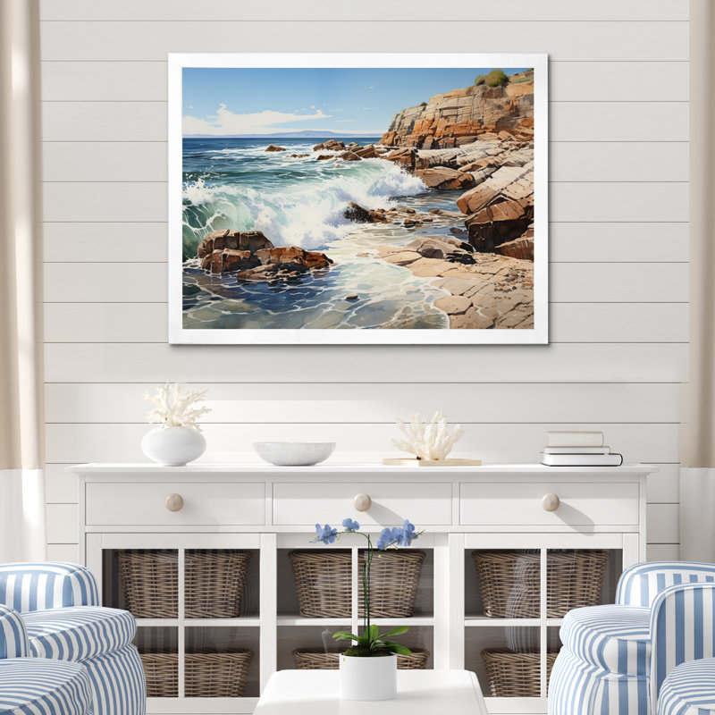 Sachem Rocky Beach, textures rocheuses sur toile, Cadre simple blanc, H 24 po x l 32 po x P 1 po