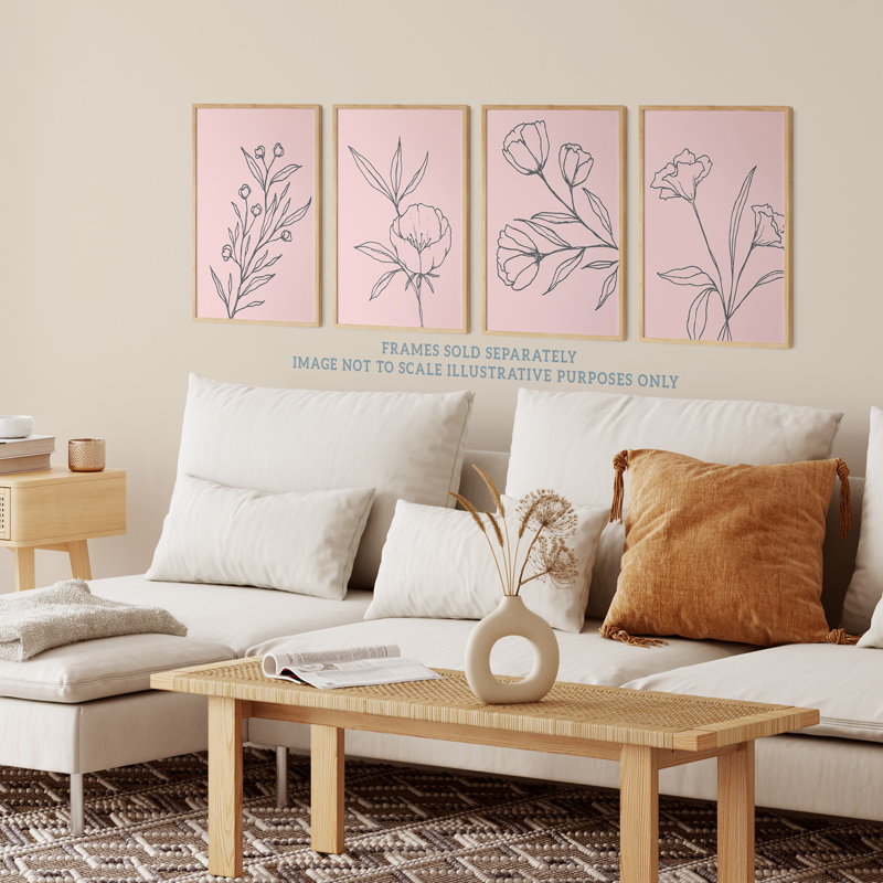 Minimalist Wildflower Outline Black On Pastel Pink Simple Floral - 4 Piece No Frame Print Set, 40.5cm H x 30.5cm W x 0.3cm D