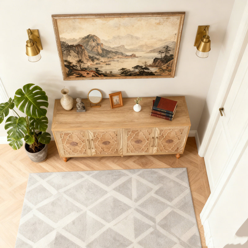 Grande armoire de rangement sculptée avec porte en métal et poignée en métal, Bois naturel