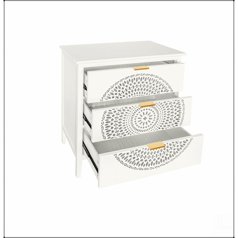 Commode 3 tiroirs avec commode à 3 tiroirs avec poignées en métal, Doré, Blanc