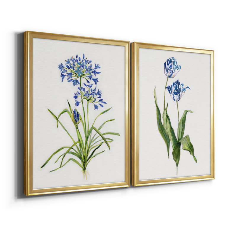 «Blue Lived Botanical I», ensemble de 2 reproductions d'art sur toile encadrées, H 18,5 po x l 49 po x P 1,5 po, Or