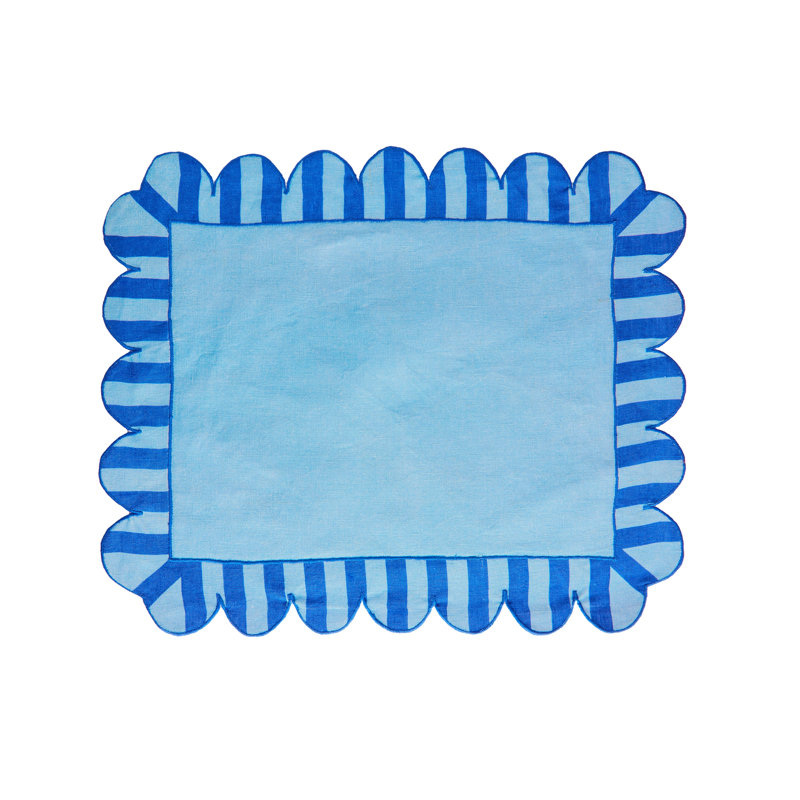 Jardin Embroidered Linen Scalloped Stripe Placemats, Blue