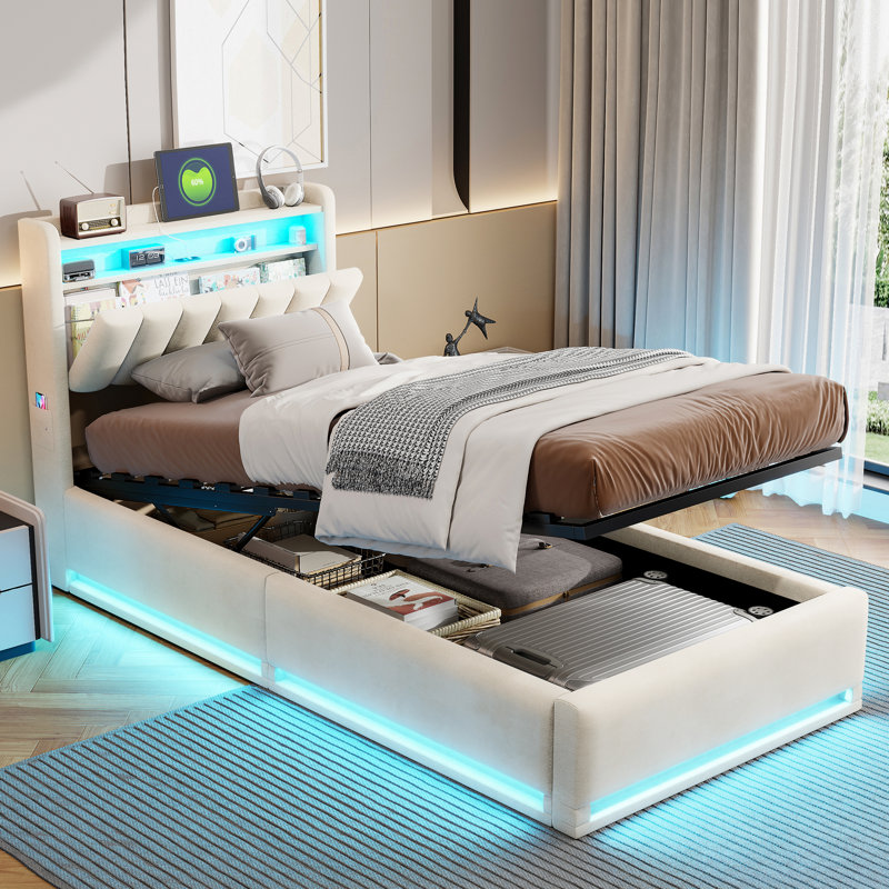 Upholstered Ottoman Storage Bed, 90*190cm, Beige