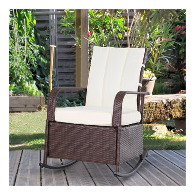 Wicker Outdoor Rocking Chair, Patio Recliner With Adjustment Backrest, PE Rattan Lounge Chair With Adjustable Footrest And Cushions For Garden, Backyard, Porch, Beige