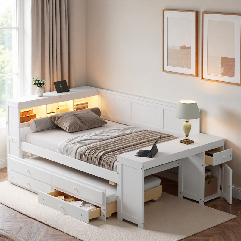 Modern Daybed With Storage Shelves, Drawers, Trundle, Charging Station, Led Light, Desk And Cabinet, White