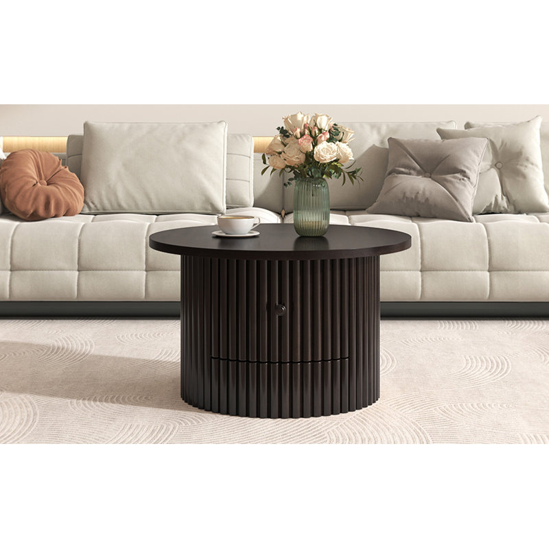 Round Coffee Table With A Drawer, Vertical Slat Base, Espresso