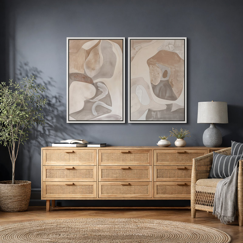 «Neutral Organic Abstract Art», images de chambre à coucher, impression sur toile encadrée, 2 pièces, Cadre blanc