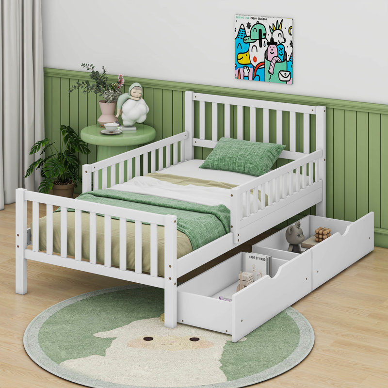 Twin Size Wood Platform Bed with Guardrails On Both Sides And Two Drawers, White