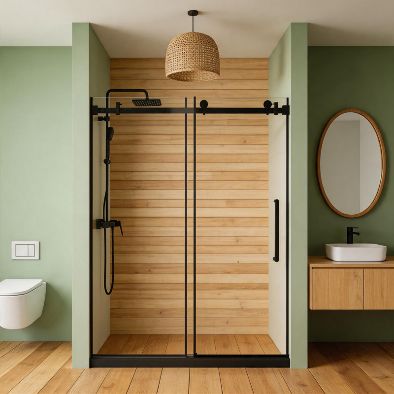Porte de douche coulissante sans cadre l 56 à 60 po x H 76 po, finition noir mat
