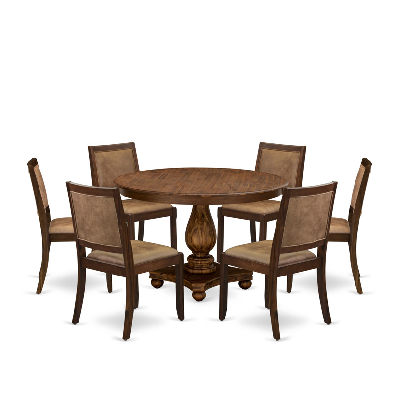 7-piece Kitchen Table Set included a Round Kitchen Table and 6 Brown Textured Faux Leather stackable kitchen Chair, Antique Walnut Finish.