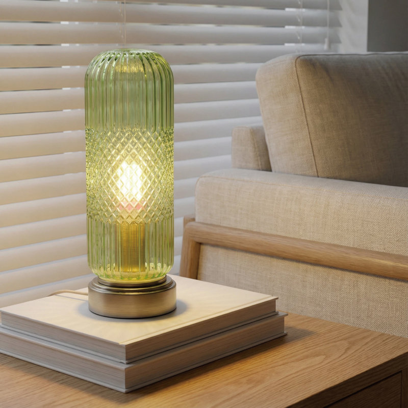 11.6" Green Ribbed Glass Touch Table Lamp with Warm Ambient Glow and Antique Brass Base for Bedroom Nightstands, Living Rooms, and Entryway Consoles