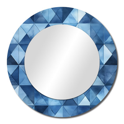 Triangular Grid in Cool Blues I – White Geometric Round Wall Mirror, Metal Print