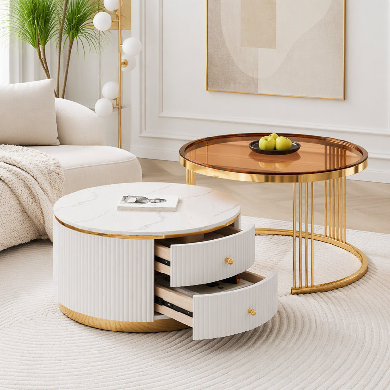 Table basse gigogne ronde moderne en 2 parties avec tiroirs, Brun, blanc