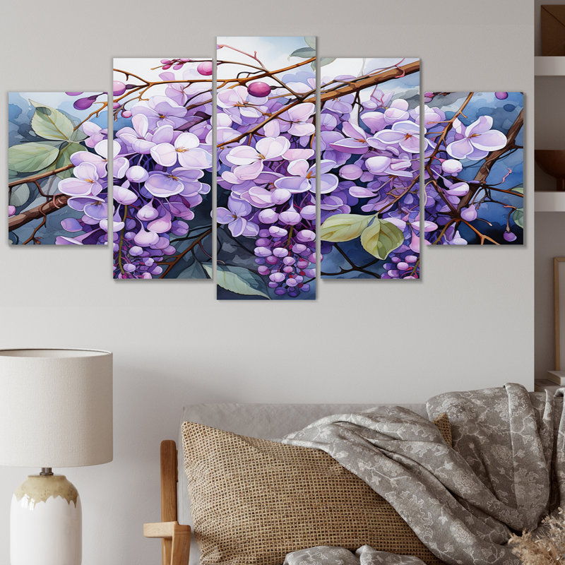 «Purple Morning Glory Graceful V» - Décoration murale florale - 5 panneaux
