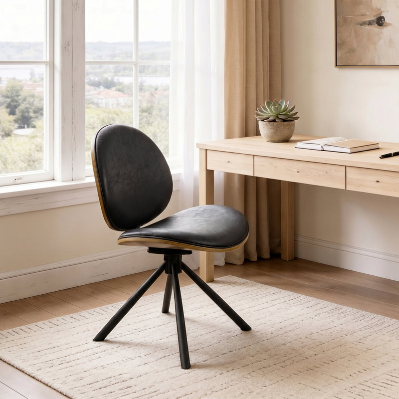 18''H Faux Leather Upholstered Swivel Desk Chair with Curved Wood Back for Home Office, Black, 1