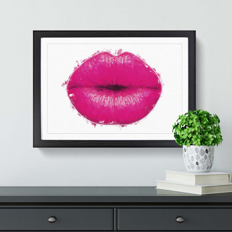 Hot Pink Lips in Abstract - Picture Frame Painting Print, 27cm H x 36cm W x 2cm D, Black Framed