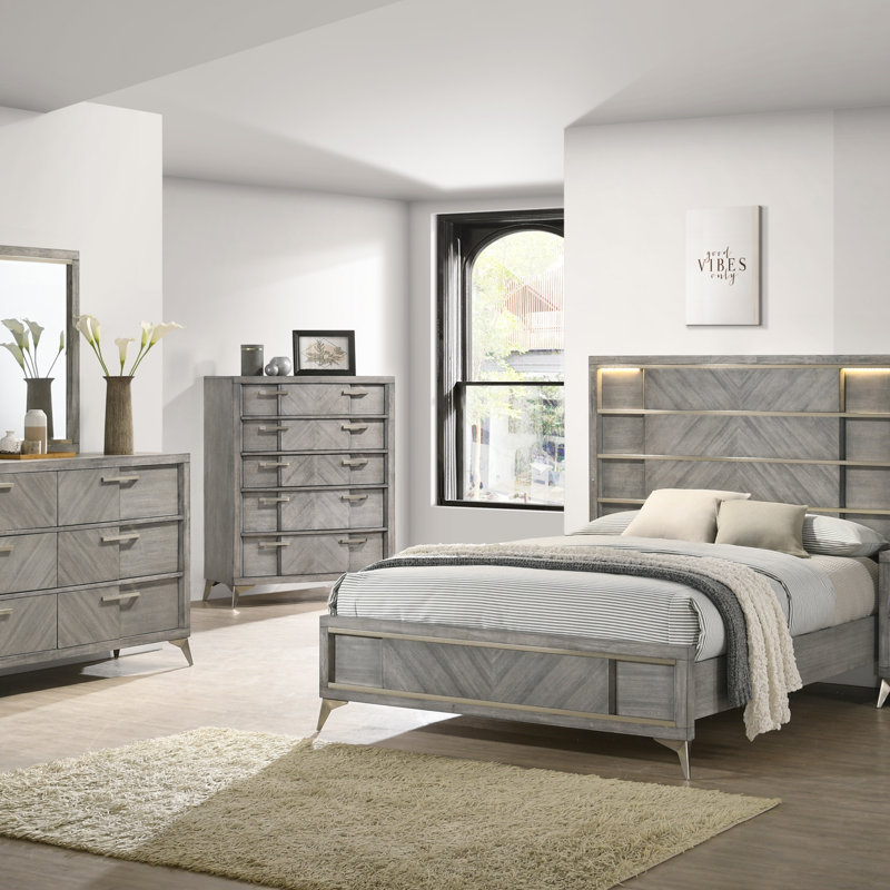 Commode 6 tiroirs en placage assorti gris