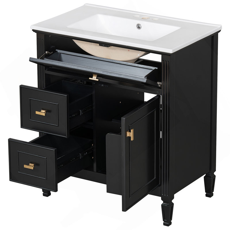 Meuble-lavabo de salle de bain avec lavabo, un tiroir rabattable, deux tiroirs, une tablette réglable, du bois massif et du panneau de fibres à densité moyenne pour le rangement de la salle de bain moderne