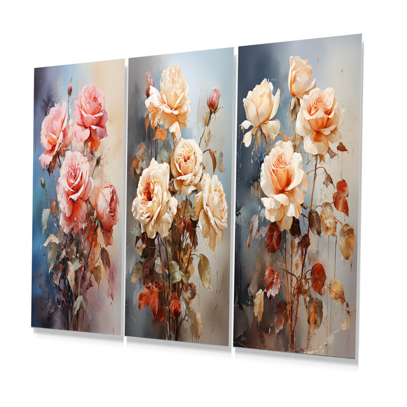 Harmonous Rose Bouquet - Roses, ensemble de 3 reproductions d'art mural en métal, H 28 po x l 36 po