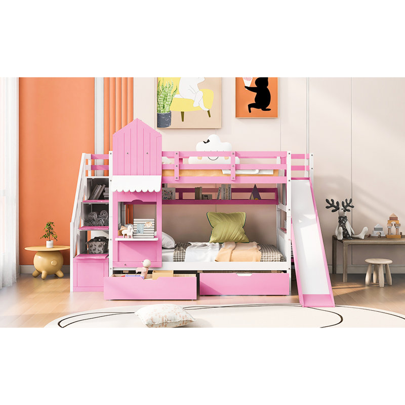 Lit superposé Twintwin - rose, avec 2 tiroirs, 3 tablettes et une glissoire, cadre, pouvant accueillir plus de 6 personnes, créant un espace personnel dans la chambre à coucher