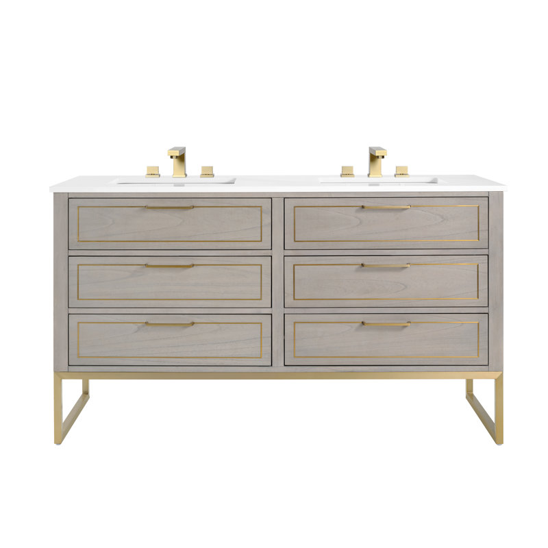 Markham 60'' W Double Vanity, Cashmere Gray, White Quartz, Satin Brass