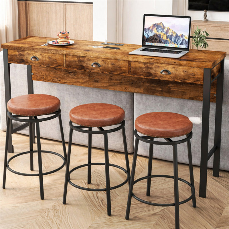 Ensemble de table de salle à manger à 3 tiroirs avec prises de courant, ensemble de table de bar avec tabourets circulaires en polyuréthane, facile à assembler, brun