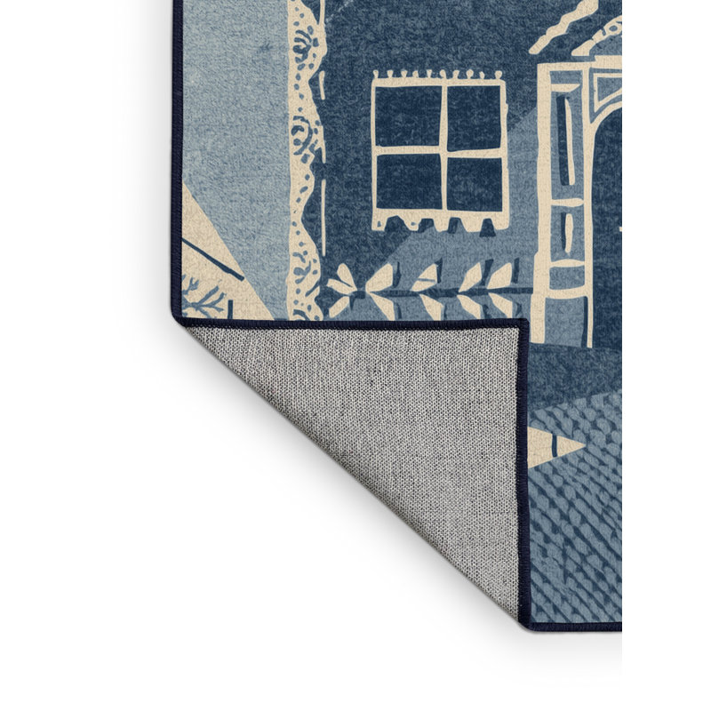 Machine Washable Tomohon Christmas Gingerbread House Modern Block Print Rug in Gray – Navy Binding, 5x8