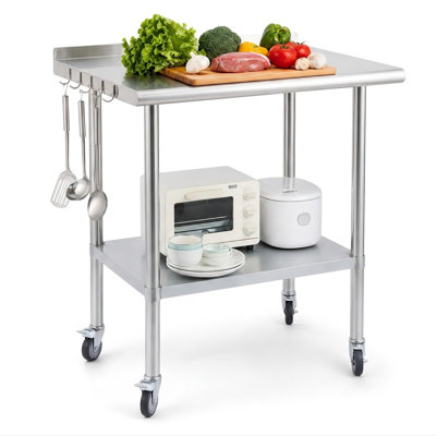 Table en acier inoxydable avec roulettes - Table de préparation robuste 30 po x 24 po avec roulettes verrouillables, tablette réglable, crochets et dosseret pour atelier de cuisine