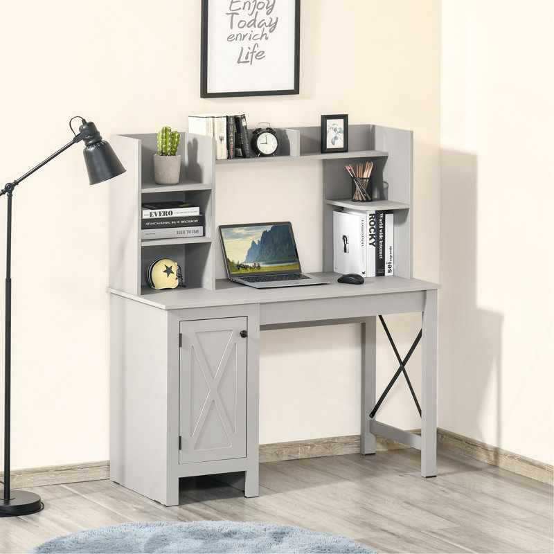 Farmhouse Computer Desk With Hutch And Cabinet, Home Office Desk With Storage, For Study, Light Grey, Gray