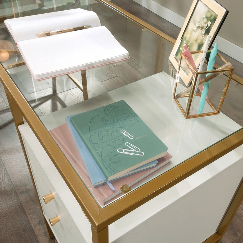 Bureau en L avec plateau en verre, finition blanche