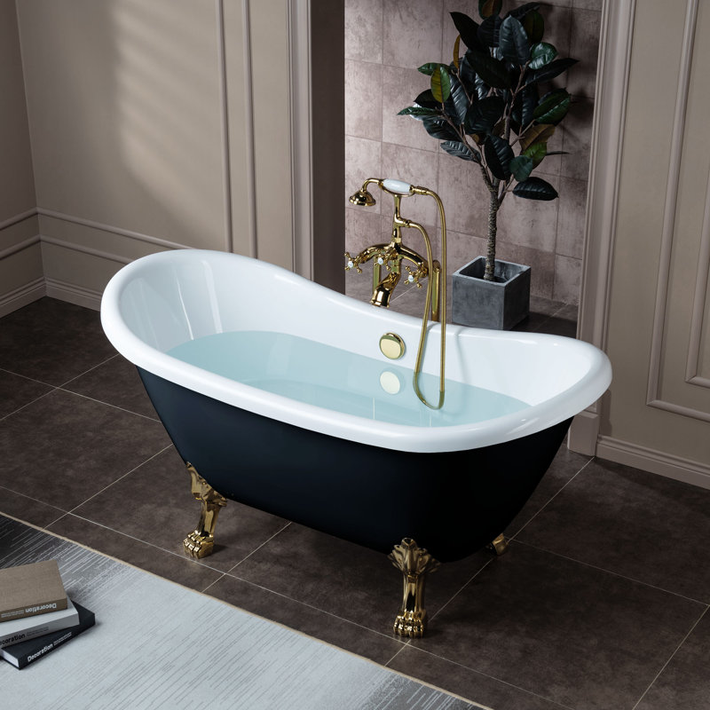 59" x 28" Clawfoot Soaking Acrylic Bathtub, Black, Polished Gold