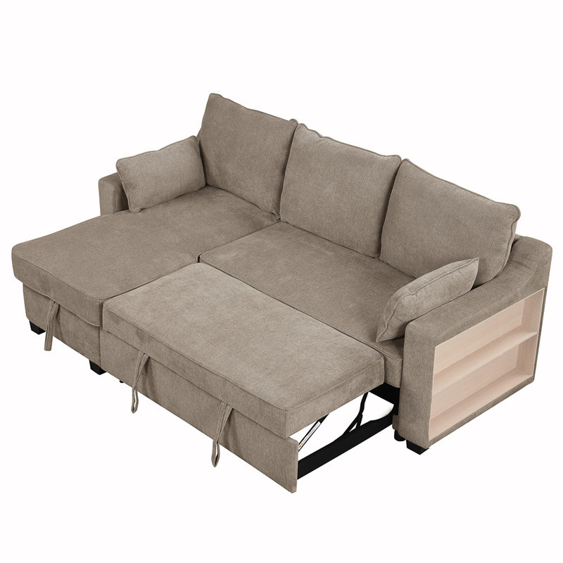 Jille avec méridienne, supports de rangement et ports USB, Sergé de polyester brun
