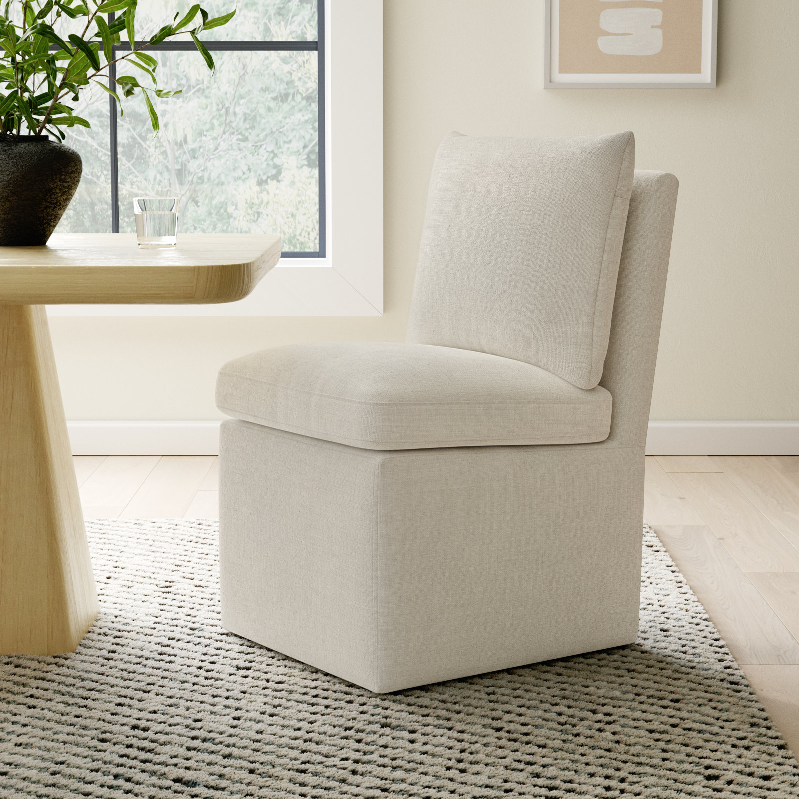 Alayaa Upholstered Side Chair with Casters, Effie Linen Performance Linen