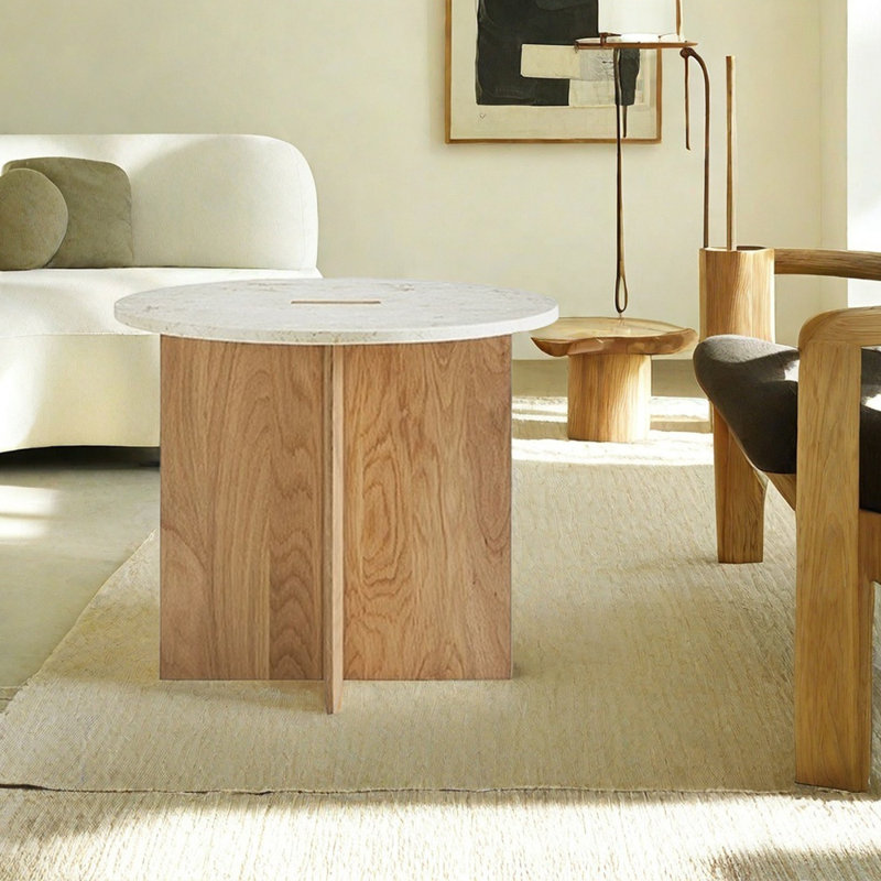 Creative Coffee Table with Marble and Wood, 16.53" H x 19.68" L x 19.68" W, Burlywood