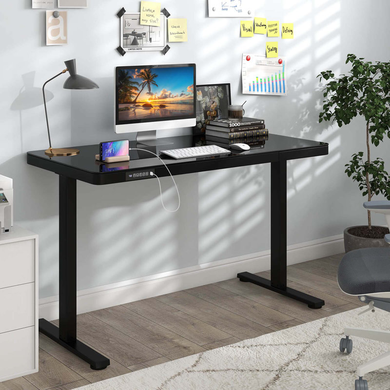Latitude Run® 48" X 24" Whole-piece Glass Standing Desk W/drawers Writable Tempered Glass Top, Black
