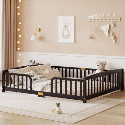 Lit de sol Montessori Queen Size, lit avec barrière de sécurité en pin et entrée centrale, couleur espresso