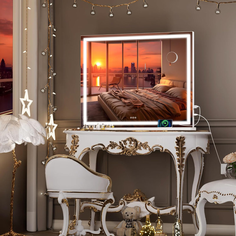 Miroir lumineux à DEL avec interrupteur tactile pour salle de bain et coiffeuse avec grossissement amovible et port de charge USB