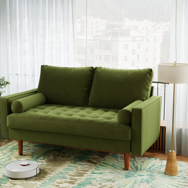 Bellinger 58" Velvet Square Arms Tufted Seat Golden Metal Feet Loveseat, Olive Green Velvet