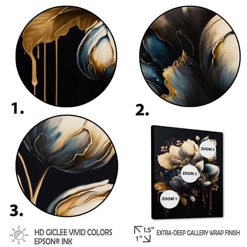 «Blue and Gold Tulips III» - reproduction d'art sur toile, H 20 po x l 12 po x P 1 po, Cadre flottant noir