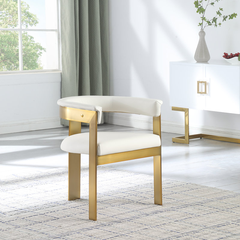 Romeo Finished Upholstered Back Arm Chair, Brushed Gold, Cream Vegan Leather